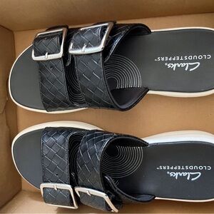 Clarks Black and White Woven Sandals